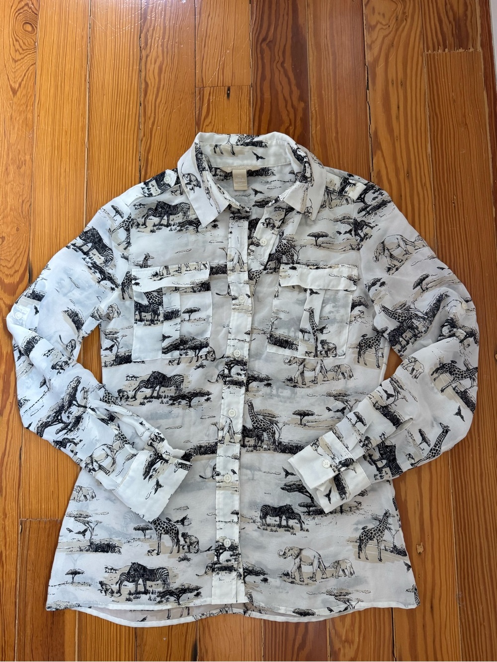 Banana Republic White Button-Down Shirt with Black Safari Print
